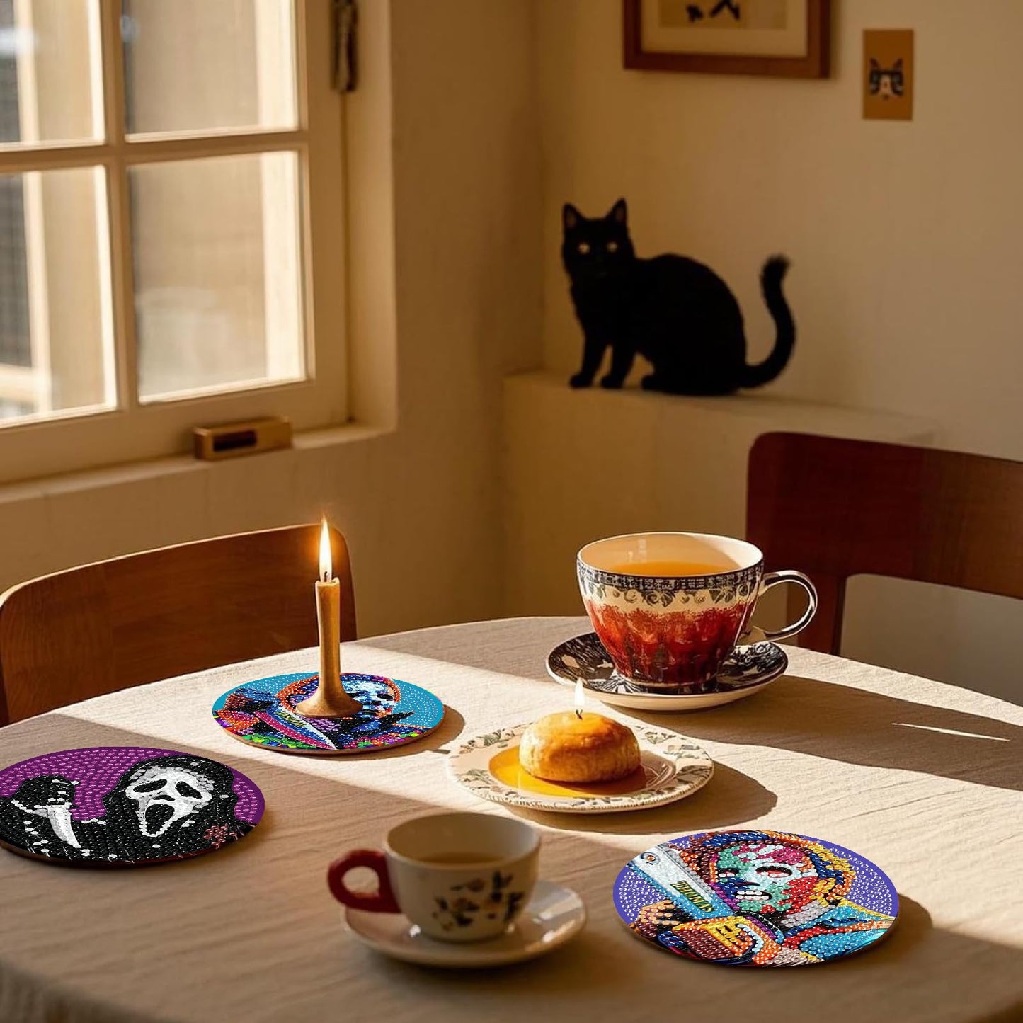 NEGEKFKX 8 Pcs Halloween Diamond Art Painting Coasters Kits,Horror Coaster with Holder for Adults, Non-Slip DIY Dot Paint Craft Kits,5D Full Drill DIY Diamond Dot Gem Art Kit Home Decor Arts Craft