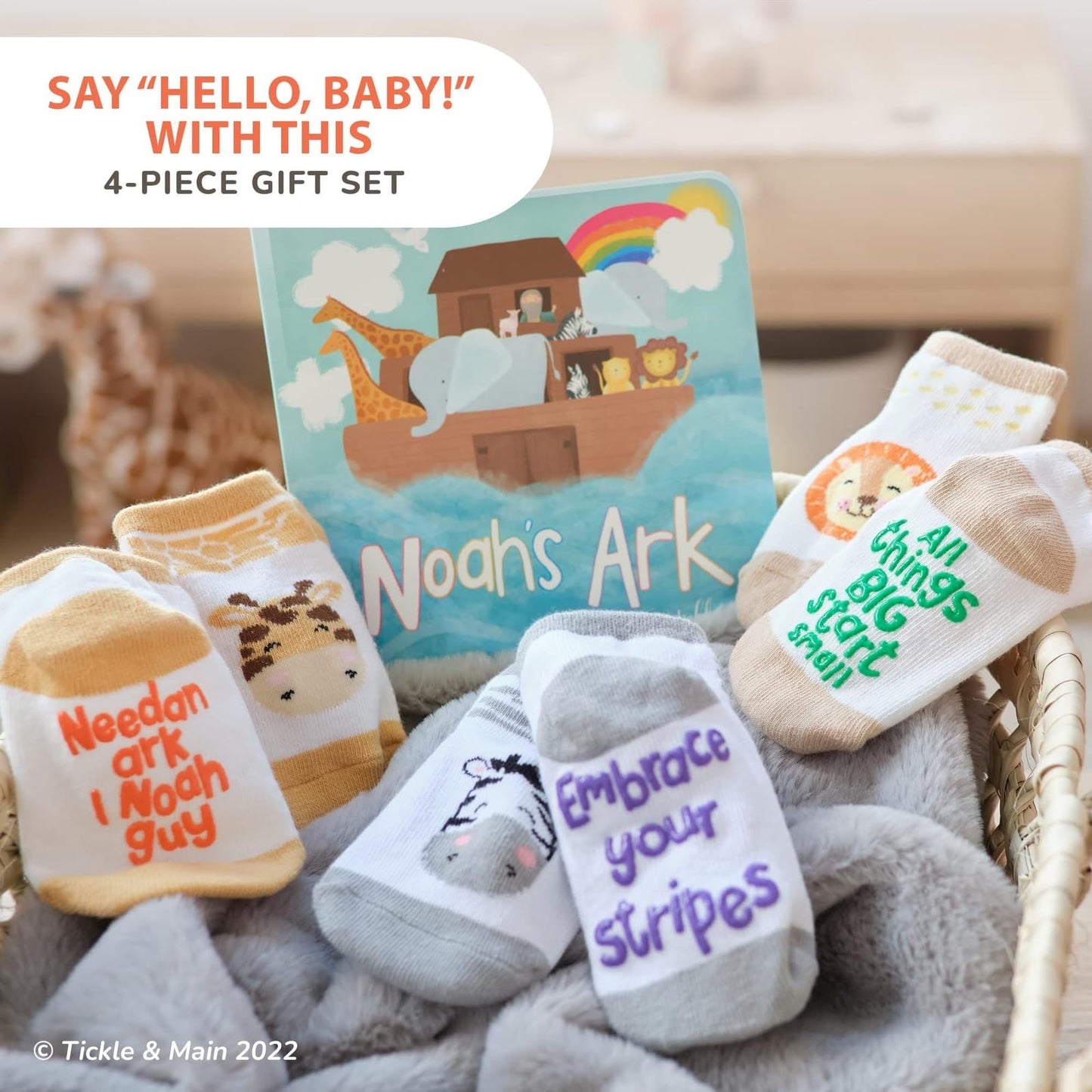 Tickle & Main Noah's Ark Baptism Gifts for Boys Book & Sock Set - 0-12 Months, 4-Piece - Baptism Essentials & Storybook Combo