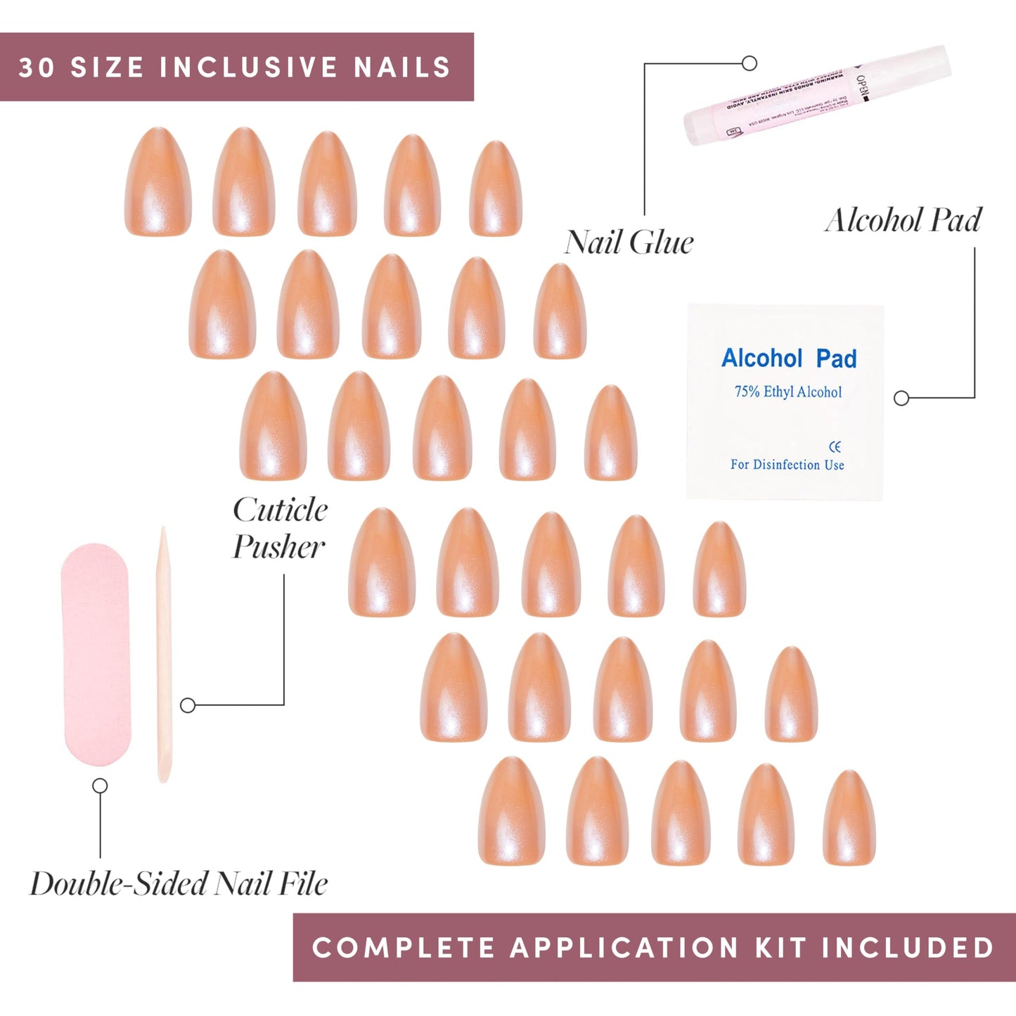 Glamnetic Press On Nails - Maple Glaze | Short Almond Nude Brown Neutral Fake Nails with Glaze Finish | 15 Sizes - 30 Nail Kit with Glue