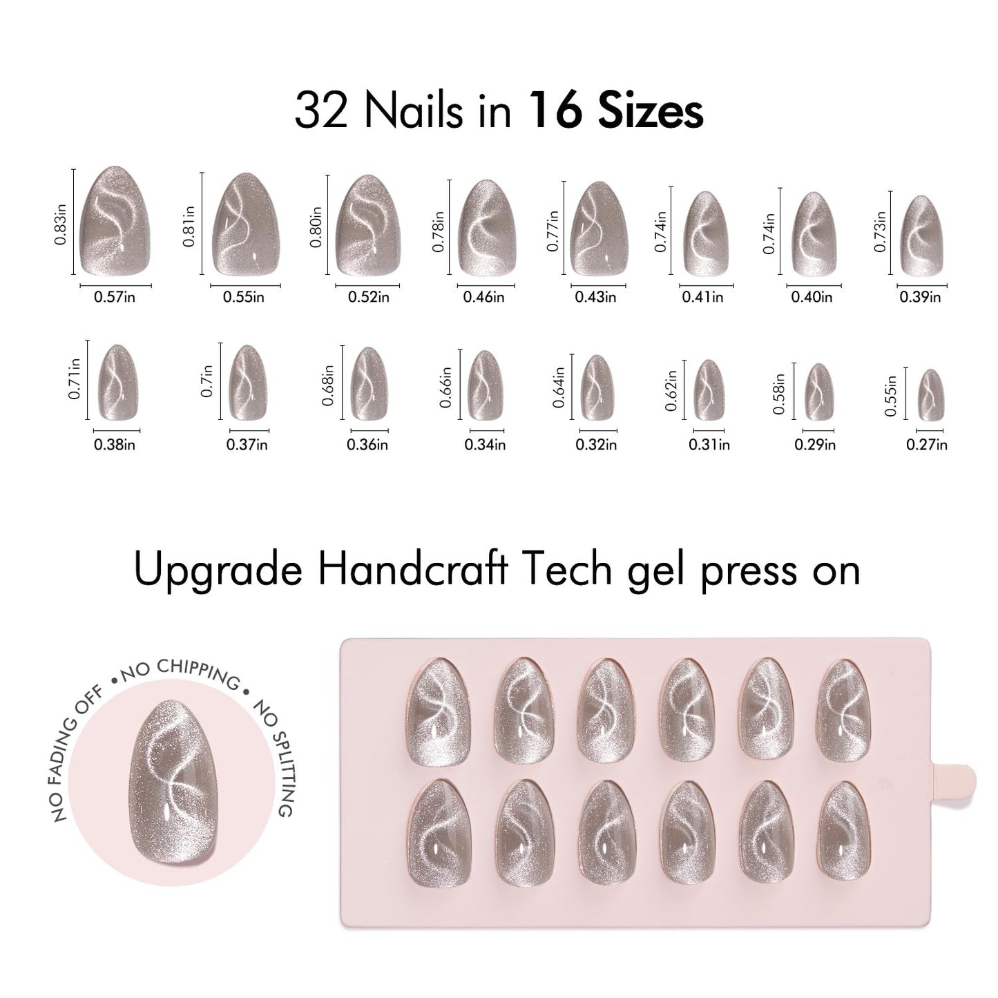 VSALON Press On Nails Short Almond, Nude Pink Cat Eye & Ribbon Cat Eye Silver Fake Press On Nails Set