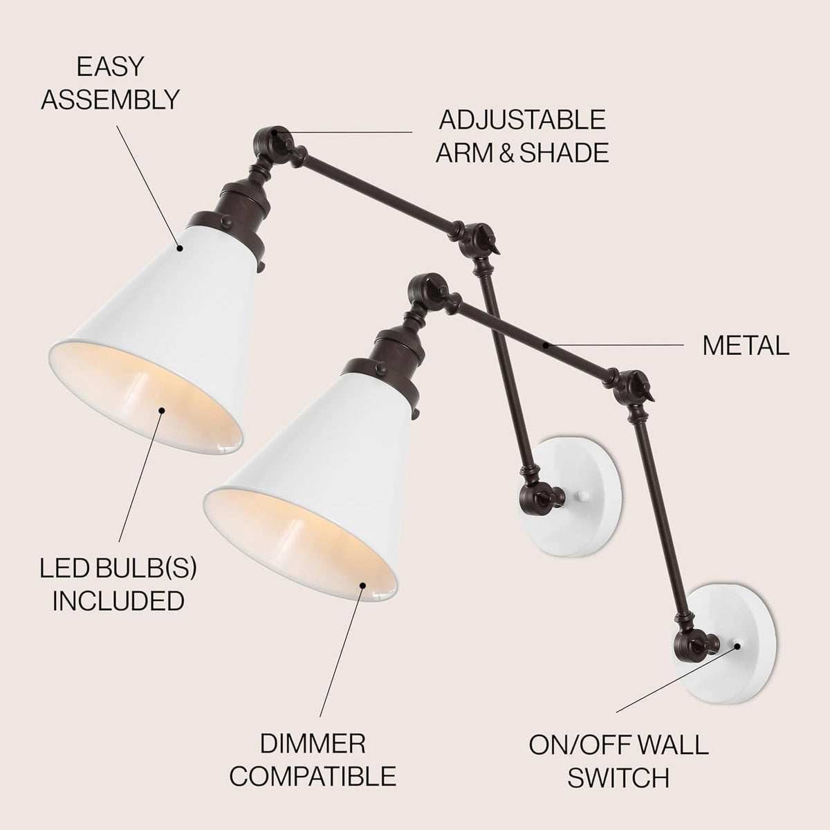 JONATHAN Y JYL7462C-SET2 Rover 7" Classic Industrial Metal Adjustable Arm LED Wall Sconce, White/Oil Rubbed Bronze (Set of 2) for Bedroom, Bathroom, Vanity