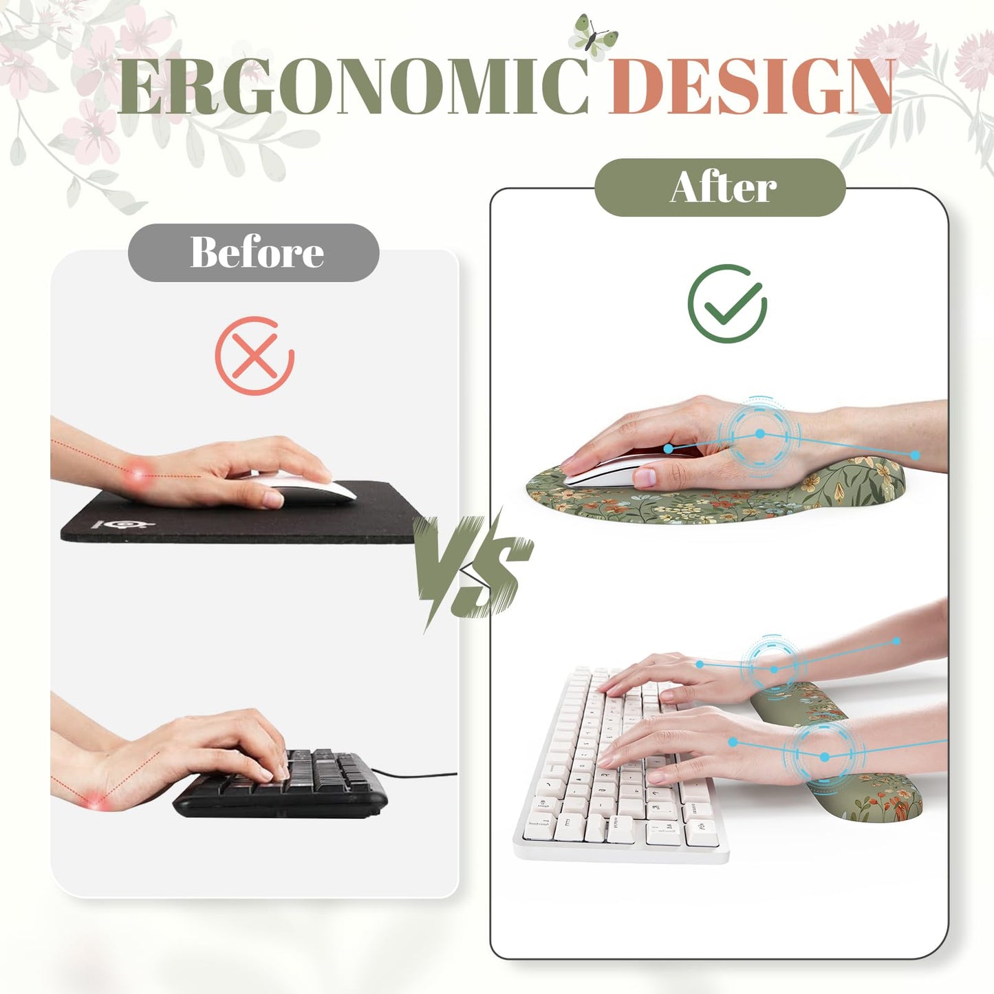 iCasso Desk Mat Set,Large Mouse Pad with Wrist Rest,Ergonomic Keyboard Wrist Support for Women,Girly Floral Computer Mat with Scalloped Edges,Non-Slip Desk Pad Home Office Gaming (Green)