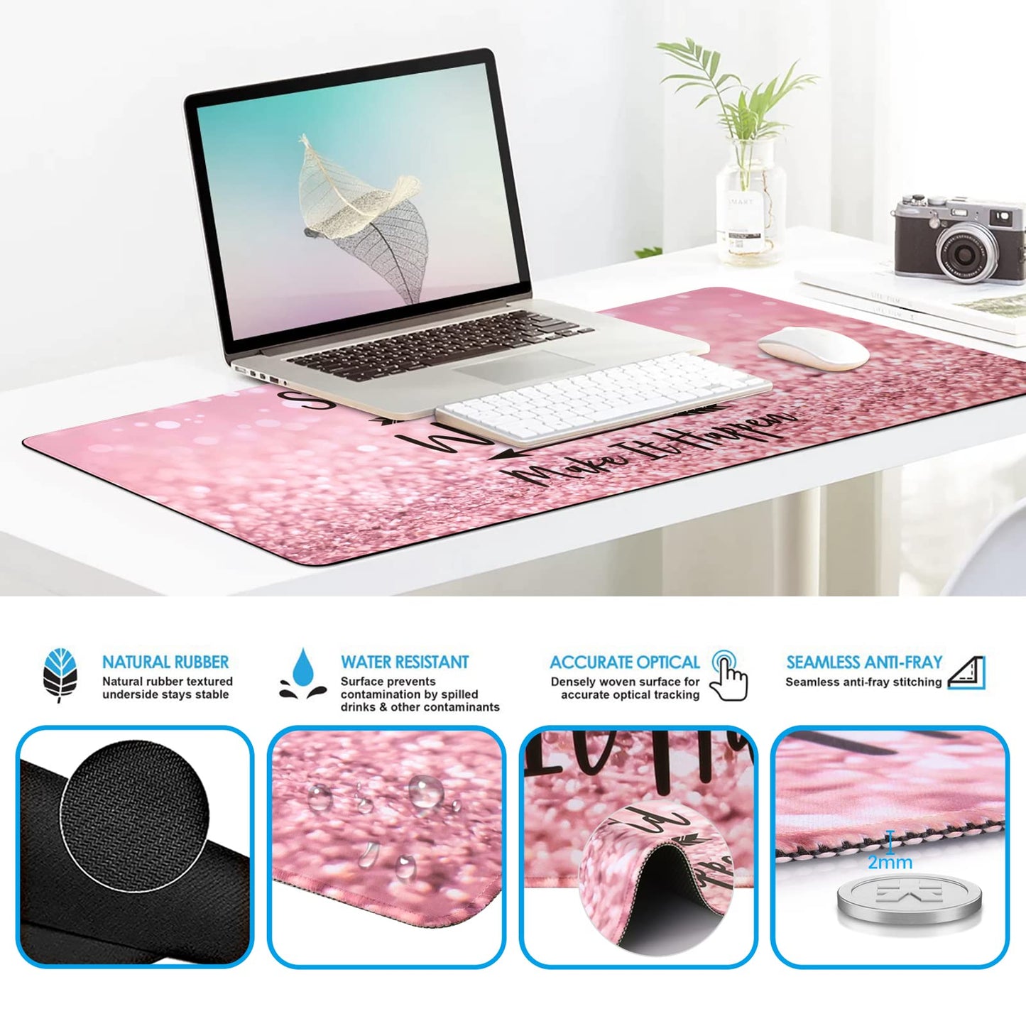 iCasso Mouse Pad,Large Pink Desk Mat Set, 4in1 XXL Mousepad + Keyboard Wrist Rest+Mouse Wrist Rest+Coaster with Ergonomic Desk Pad for Home Office Table Computer Cover -Pink Stay Positive