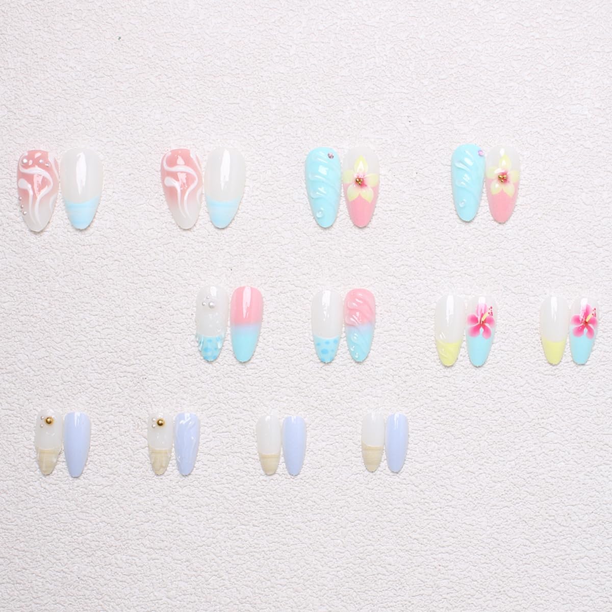 Leopard Print French Tip Press on Nails Medium Almond Flower Fake Nails Rhinestones Droplet Shaped Design Blue Pink Gradient Acrylic Nails Cute Glue on Nails Summer Salon Artificial False Nails 24Pcs