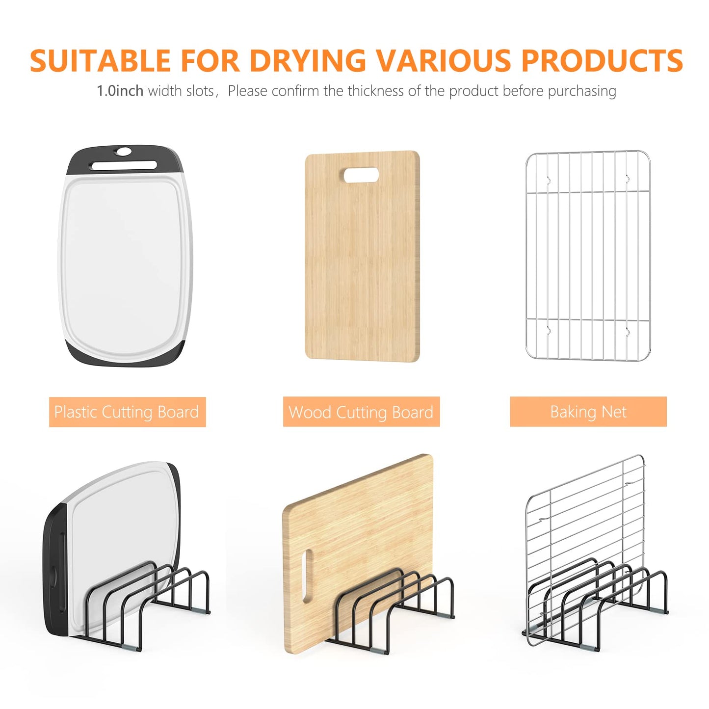 KORRTFID Cutting Board Storage Rack, Compact Cutting Board Organizer, Chopping Board Storage Stand Rack, Bakeware & Cookie Pan Sheets Organizer (1.0 Inch Width Slots)