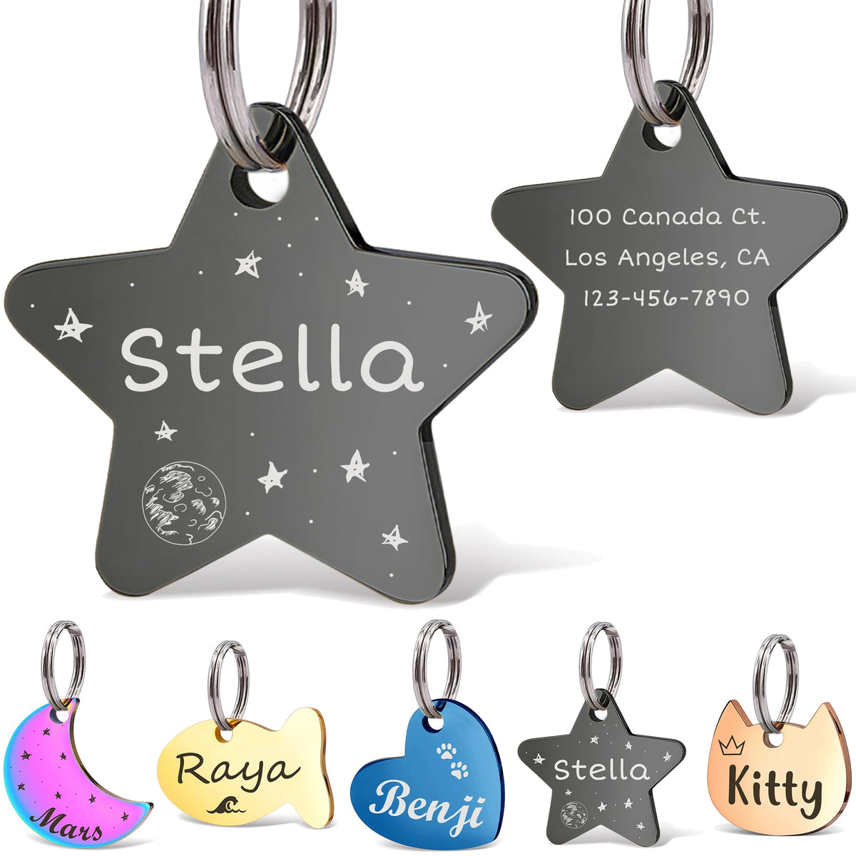 Anavia Small Size Dog Cat ID Tags, Small/XS Personalized Color Plated Stainless Steel Puppy Kitten Name Tags, Customized Engraved Nameplate Pet Collar Tag (Blue, Star)