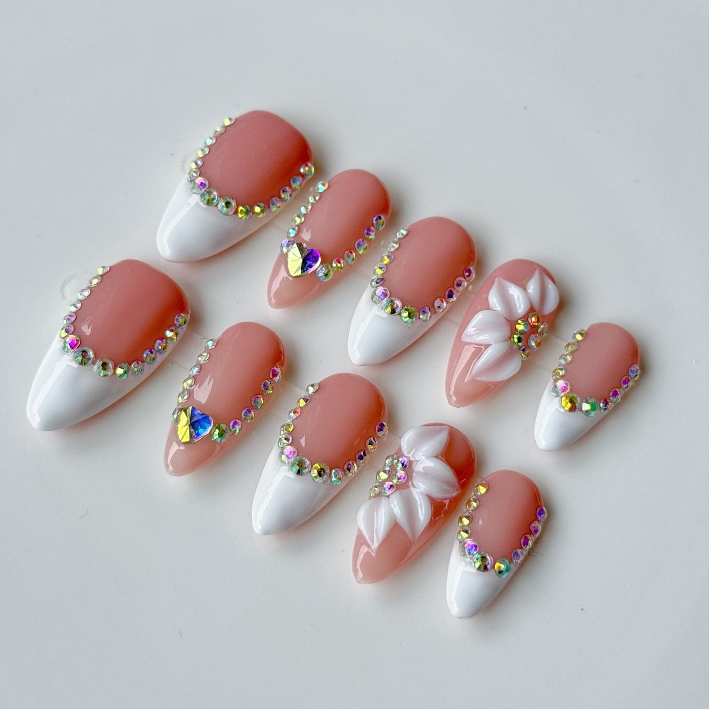 Haozerart Luxury Handmade Press On Nails, Medium Almond French Fake Nails with Rhinestones Floral Designs, Reusable Salon Quality Nails for Women (M Size, 10Pcs)