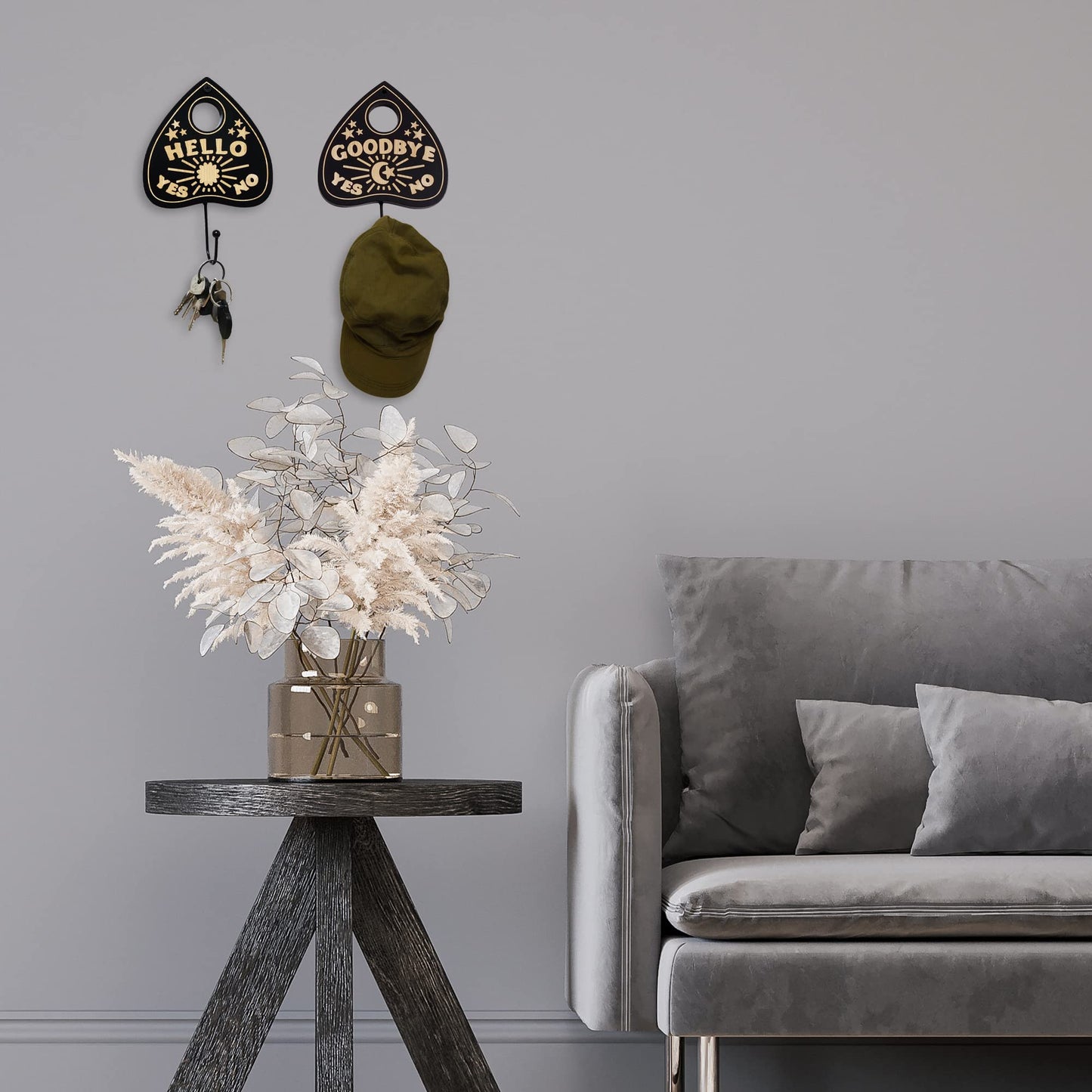Ella & Emma Wall Mounted Coffin-Shaped Key Holder - Planchette/Hamsa Hand Key Holder, Gothic Home Decor Wall Hanger with Hook -Spooky Halloween Decor for Home - 2 Pieces (Planchette)