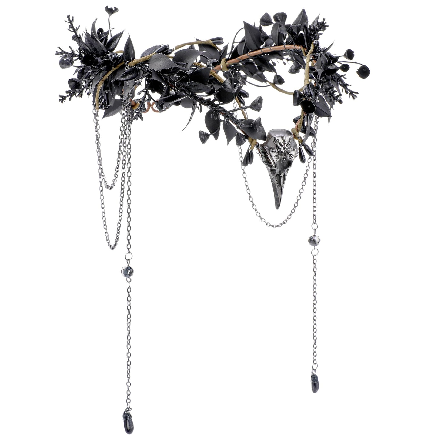 MOSTORY Black Raven Elf Crown - Gothic Flower Headpiece with Tassel for Witch Accessories Women, Dark Floral Circlet for Renaissance Renfaire Halloween Witchcore Cosplay