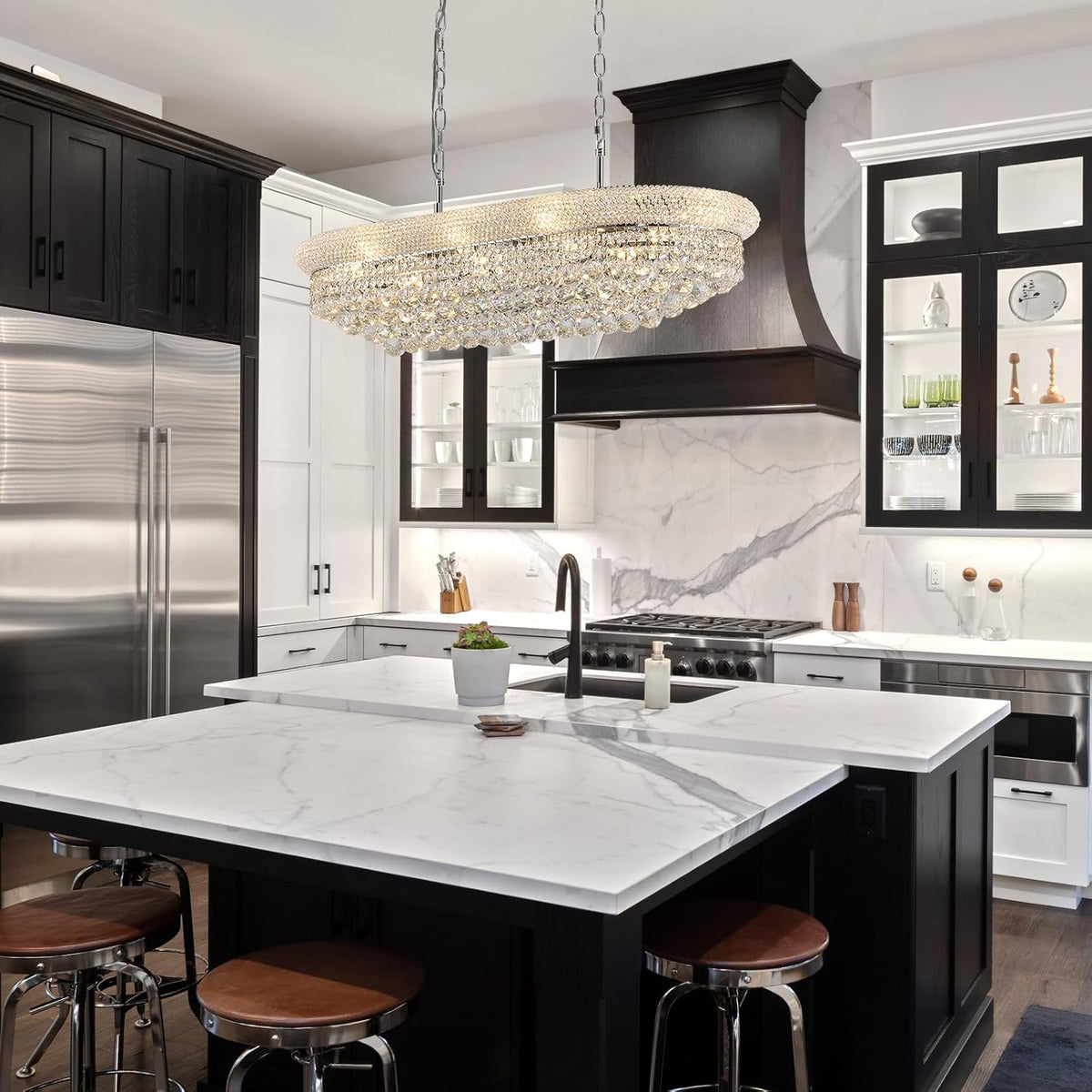 Rectangular Crystal Chandeliers for Dining Room,10 Lights Adjustable Height Oval Crystal Ceiling Light Fixture for Kitchen Island, Chrome Finish, L36''