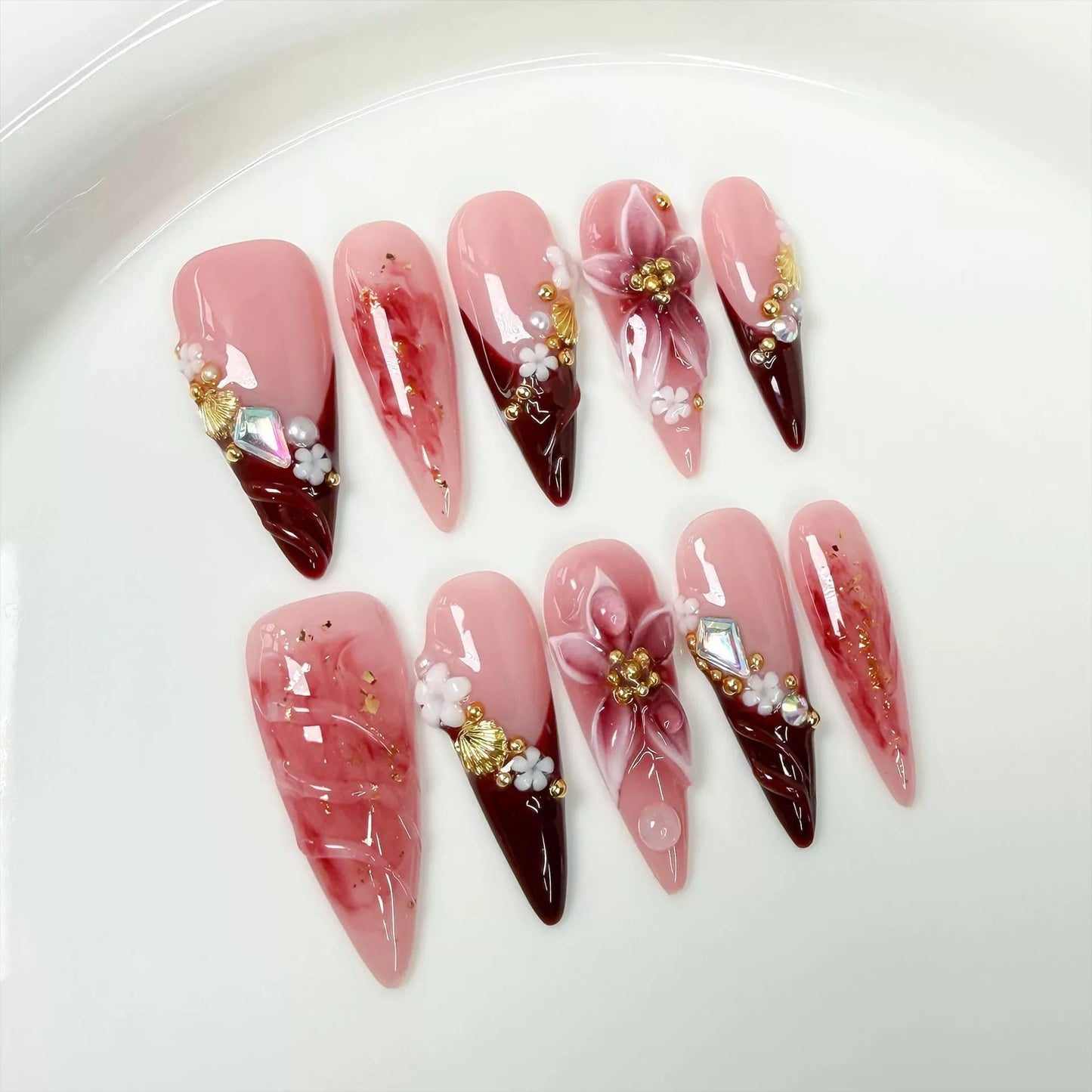 Threelegscat Handmade Press on Nails Long Almond Shape Fake Nails Stiletto Nail With Design for Women and Girls 10pcs Size M Pattern St1161