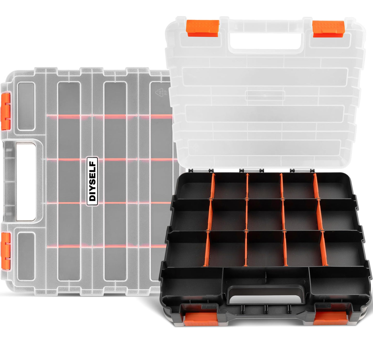 DIYSELF Tool Box, Double-Sided 34-Compartment Tool Organizer, Small Parts Organizer with Adjustable Space, Clear-Lid Small Storage Box for Hardware, Crafts, Beads, Jewelry and Fishing Accessories