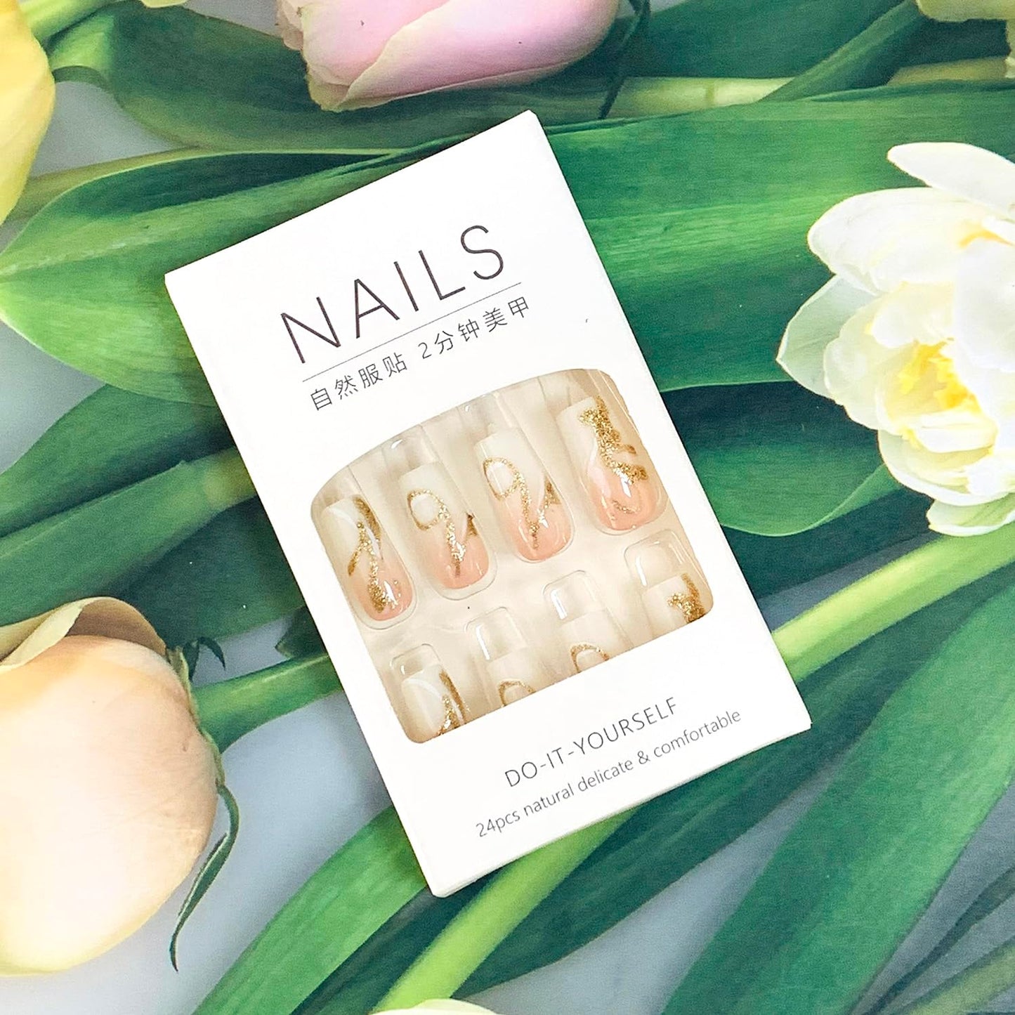 EYZOTSF Press on Nails Medium Square Shaped Acrylic Medium Square Shaped False Nails with Designs Artificial Short Coffin Fake Nails with Charms Glue ons Fingernails for Women Girls(CY1095)