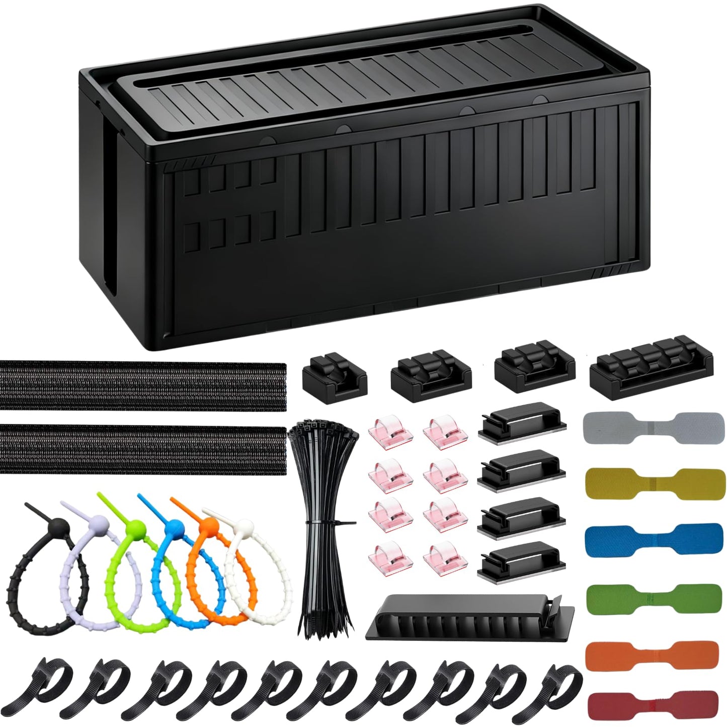 Cable Box - [142Pcs] Cable Management Kit, Medium Cord Hider Box to Conceal Power Strip Holder on Desk or Floor, Under Desk Cable Management Kit Cable Organizer Box, TV Cord Organizer Box, Black