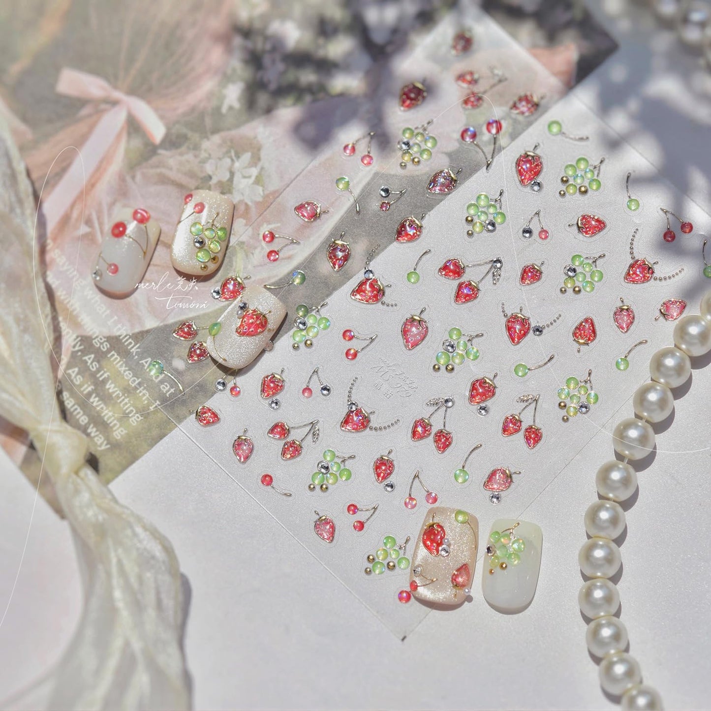 5D Embossed Fruit Nail Stickers Gold Chain Rhinestone Nail Decals Luxury Self-Adhesive Cute Fruit Y2K Nail Art Stickers for Women Girls DIY Manicure Decor, 1 Sheet