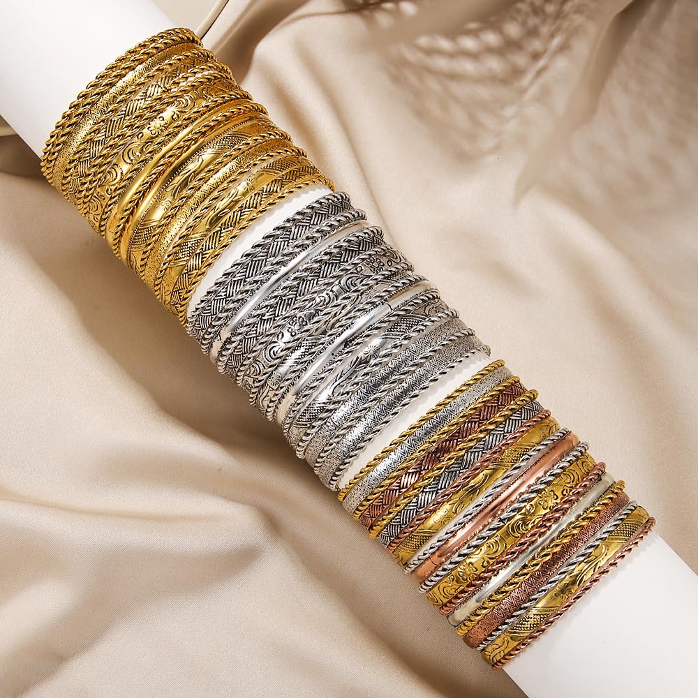 RINTOLER 19Pcs Gold Bangle Bracelets Set for Women - Multi Layered Stackable Textured Bracelets Womens Bangle Bracelets Boho Jewelrys for Women. (RTL-BG-SETa002)