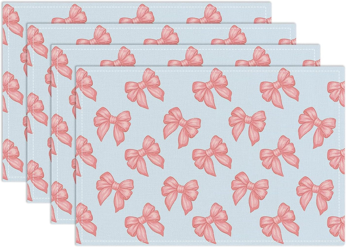 Pink Bow Placemats Set of 4, Blue Table Mat for Home Kitchen, Restaurants, Outdoor Linen Washable Place Mats 12x18 inch Party Event Dining Decoration-04
