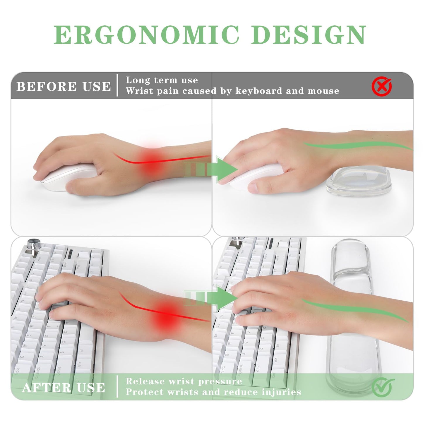 Keyboard and Mouse Wrist Rest, Silicone Gel Ergonomic Mouse Pad with Wrist Rest Set, Gaming Mousepad Arm Cushion Support for Computer Office Desk Accessories (Clear Gel White Set - 2)