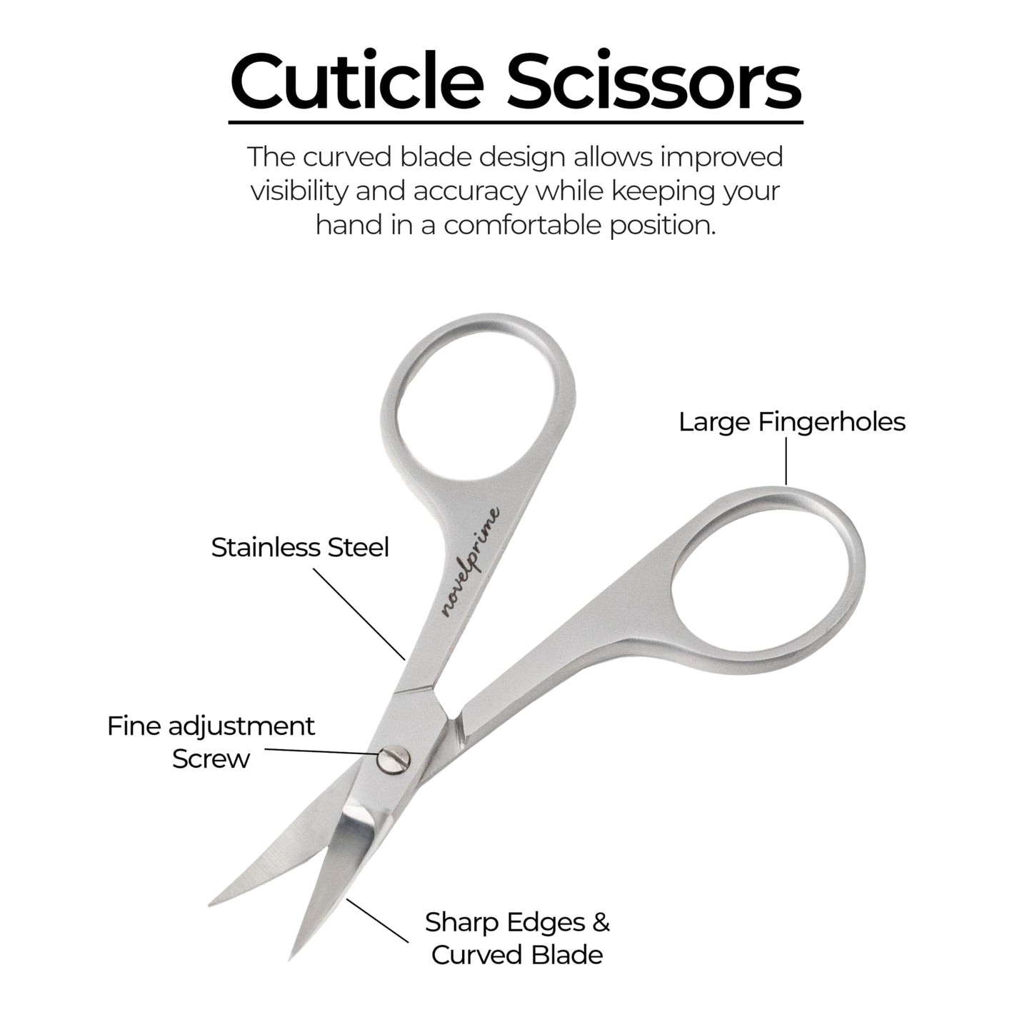 Novel Prime| Stainless Steel Cuticle Scissor with Extra Fine Curved Blade| Nail Scissors for Precise Pointed Tips| Manicure Scissors for Grooming and Eyebrows with Premium Leather Pouch (1 Count)