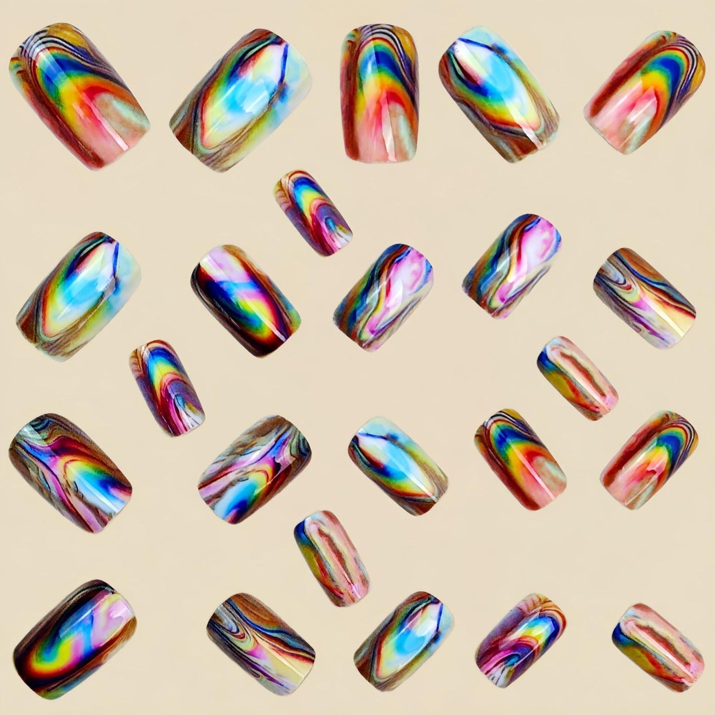Medium Press on Nails Square Shape Fake Nails Aurora Marble False Nails Gradient Colorful Designs Spring Summer Acrylic Nails Full Cover Glossy Stick on Nail Holiday Glue on Nails for Women 24Pcs