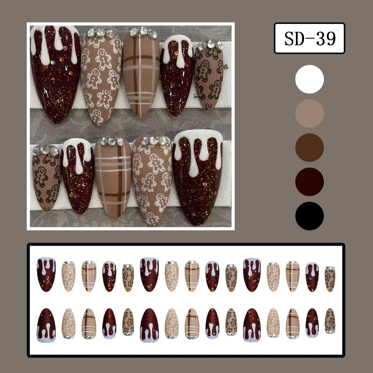 30Pcs Christmas Press on Nails Medium Almond Fake Nails with Rhinestone & Stripe Designs Full Cover Reusable Acrylic Nails Brown Gingerbread Man Xmas False Nails for Women