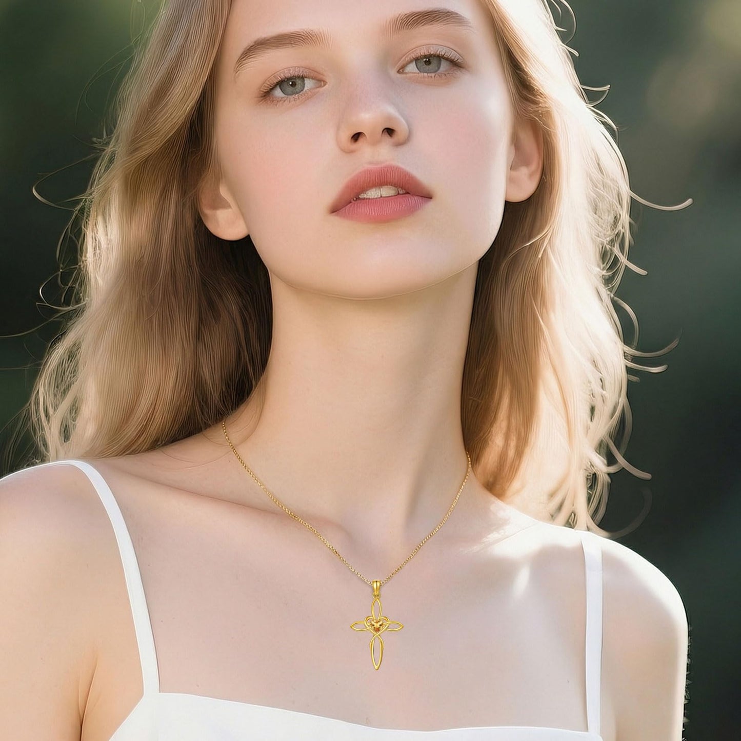 POIUY 14K Gold Celtic Knot Cross Birthstone Necklace for Women Irish Infinity Heart Pendant Cross Jewelry Baptism Faith Anniversary Valentines Birthday Mothers Day Gifts for Mom Wife Her