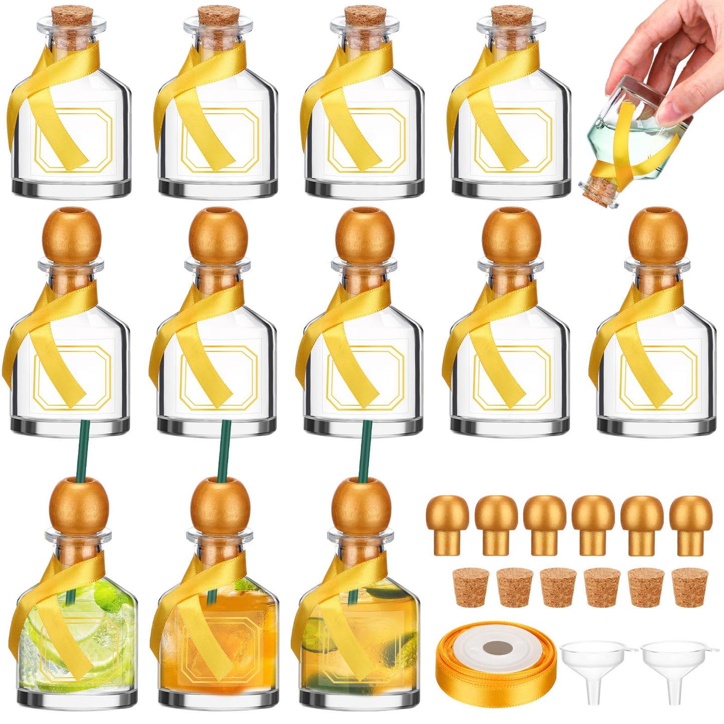 Hushee 12 Pcs Empty Liquor Bottles with Straw Mini Tequila Bottles for Drinks Reusable Shot Glass Cups with Green Ribbon for Wedding Party Favor Personalized Decoration(Gold,50 ml)