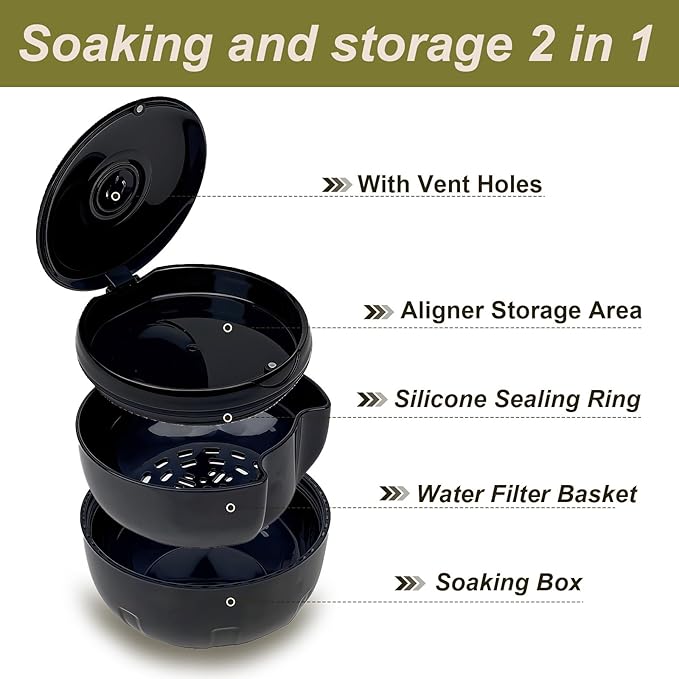 Retainer Cleaner Case,Double Layer No-Leak Denture Cup for Soaking Dentures, Denture Bath for Aligner,Retainers,Mouth Guard,Night Guard Solid Color (Black)