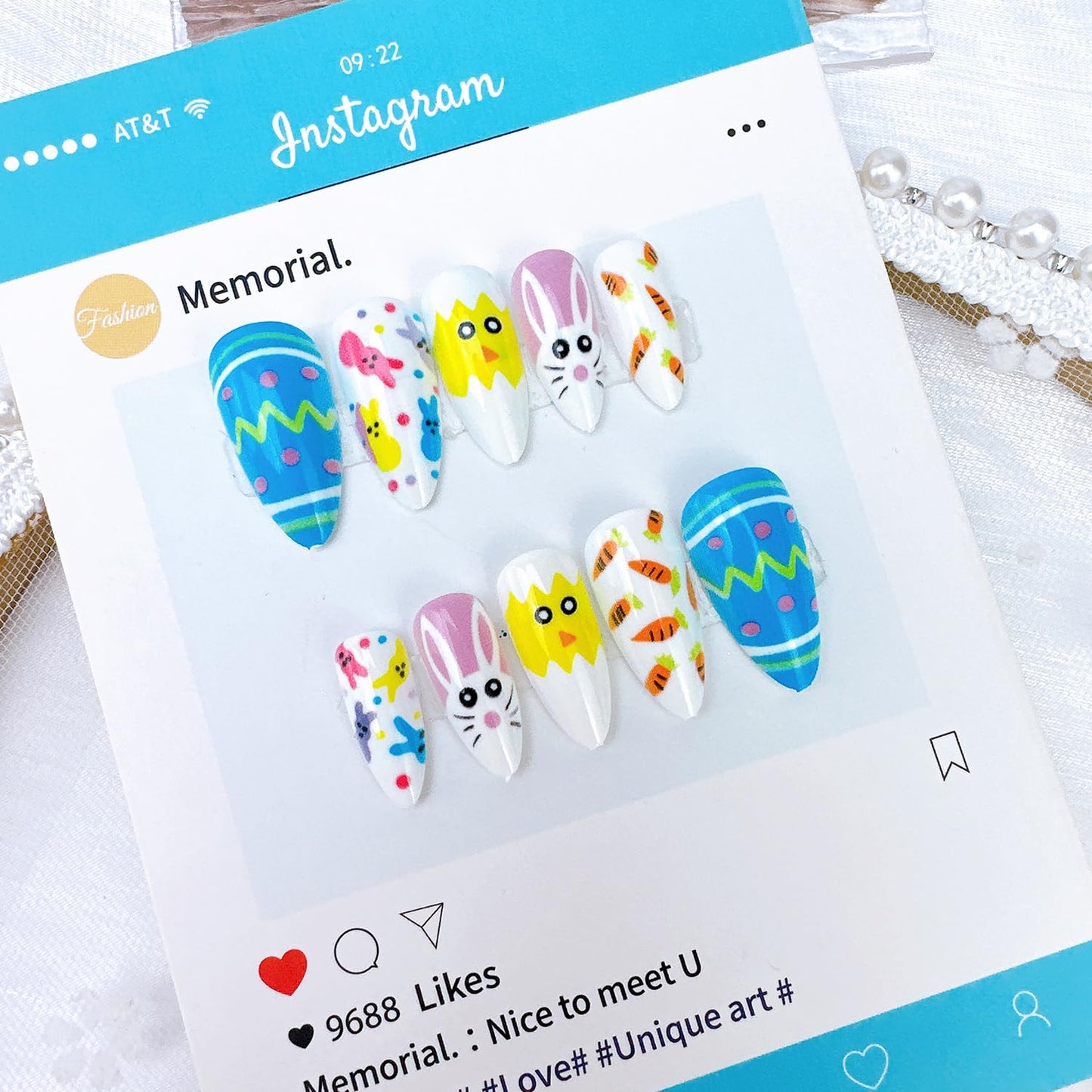 24Pcs Easter Press on Nails Medium Almond Fake Nails with Designs Cute Chick Carrot Bunny False Nails Easter Egg Acrylic Nail Cartoon Rabbit Full Cover Glue on Nails for Women Holiday Nail Decor