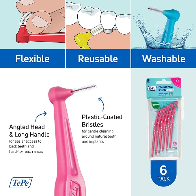 TePe Interdental Brush Angle, Angled Dental Brush for Teeth Cleaning, Pack of 6, 0.44 mm, Extra-Small/Small Gaps, Pink, Size 0