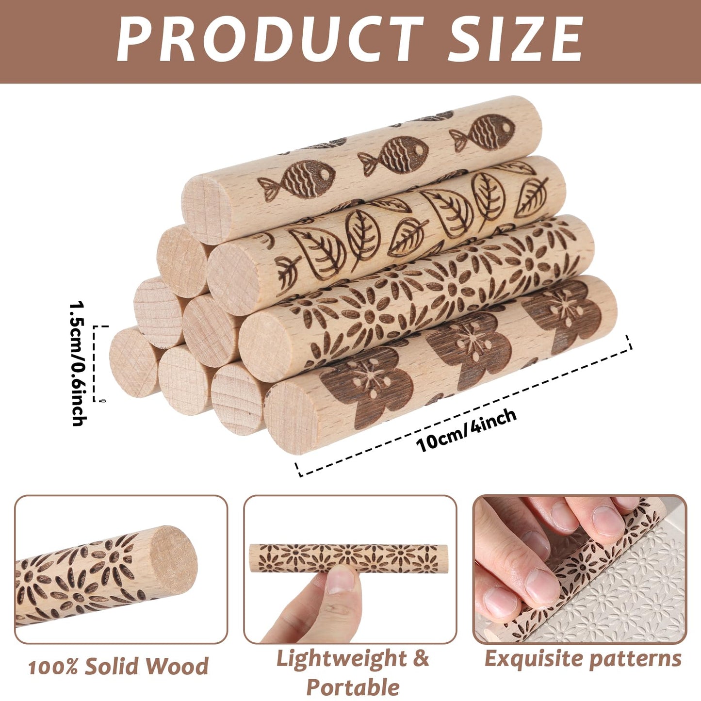 Conderyang 16Pcs Wooden Clay Texture Roller Set Clay Modeling Pattern Rollers Wooden Texture Rollers Wood Pottery Tools Pottery Tool Set for Artists Art Creation Ceramic DIY, 4In x 0.6In（Style 1)