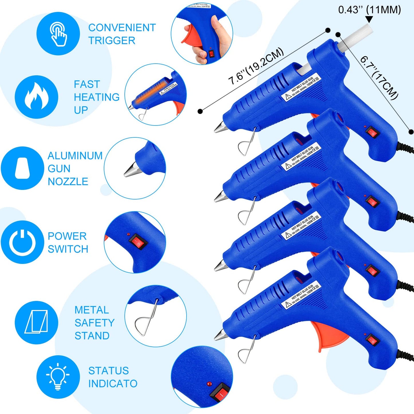 4 Pieces 100w Full Size Hot Glue Gun Heavy Duty Hot Glue Gun Kit for DIY Crafts Projects Home Repair(Blue)
