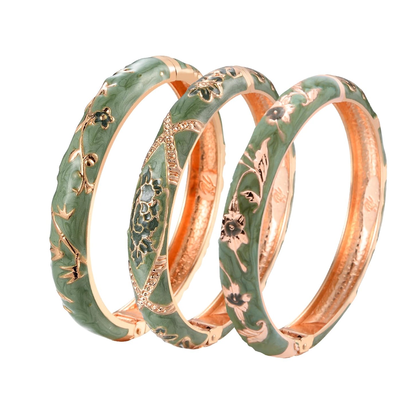 UJOY Womens Multi-Colors Cloisonne Bracelet Gold Plated Flower Enameled Hinged Cuff Bangles Jewelry Gift 55A-3PCS Green