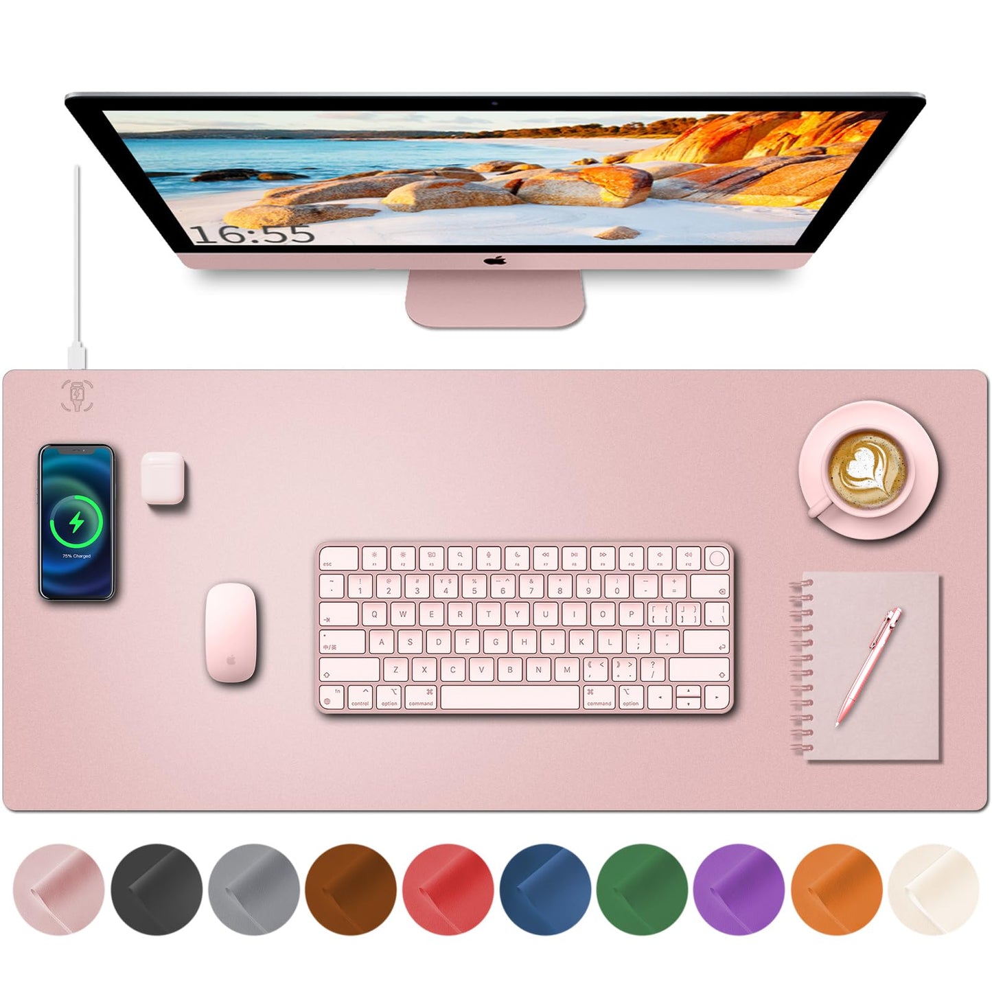 Desk Mat with Wireless Charging, Pink Mouse Pad with Wireless Charger, Desk Pad Matt for Desktop, Mousepad Gaming Large Mouse Pad, Leather Compute for Keyboard and Mouse, 32" x 16"