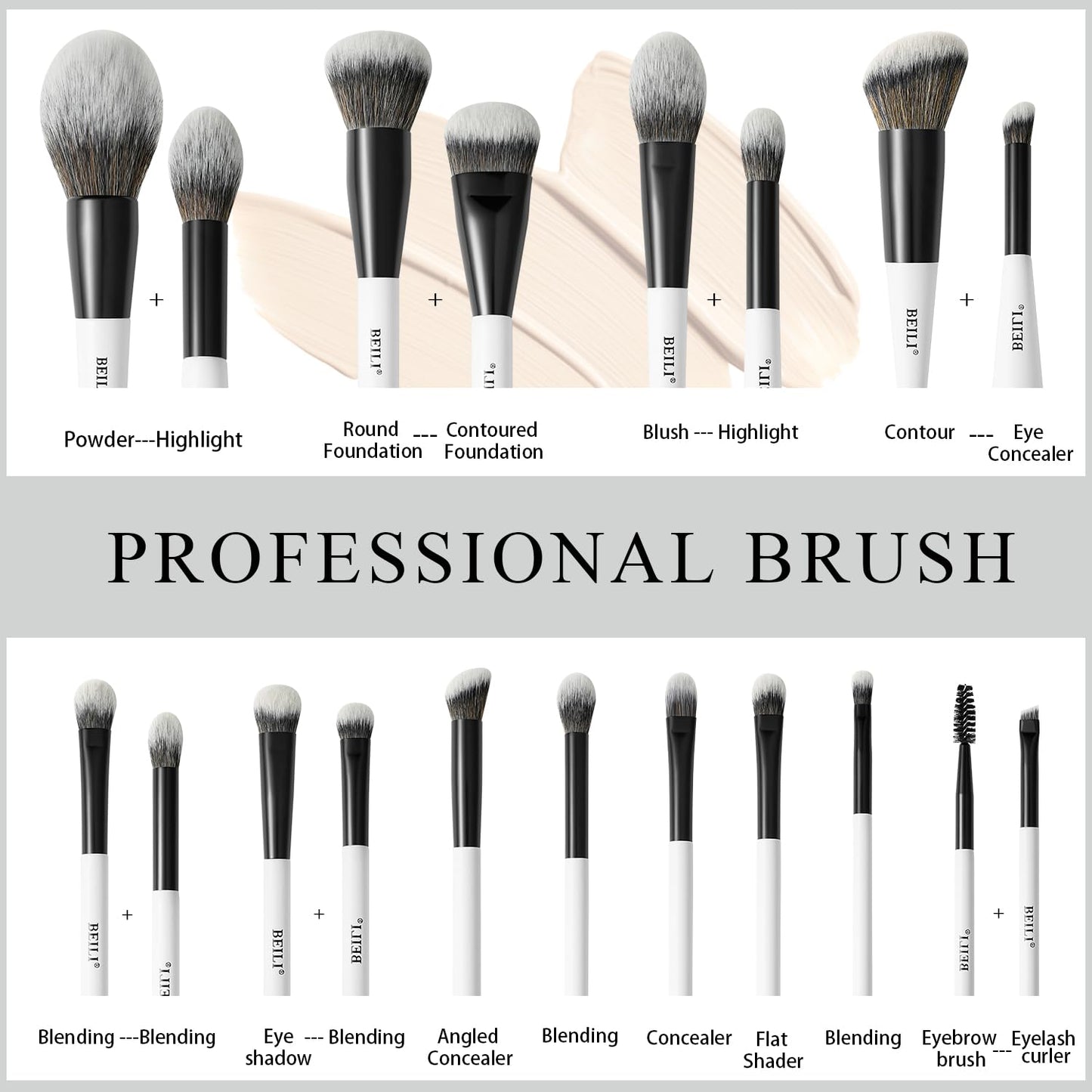 BEILI 12 Pcs Double-Sided Makeup Brush Set, 18-in-12 Multi-Use Brushes for Contour, Foundation, Highlight, Blush, Eyeshadow, Eyeliner & Concealer, Black & White Travel Kit for Polished Daily Makeup