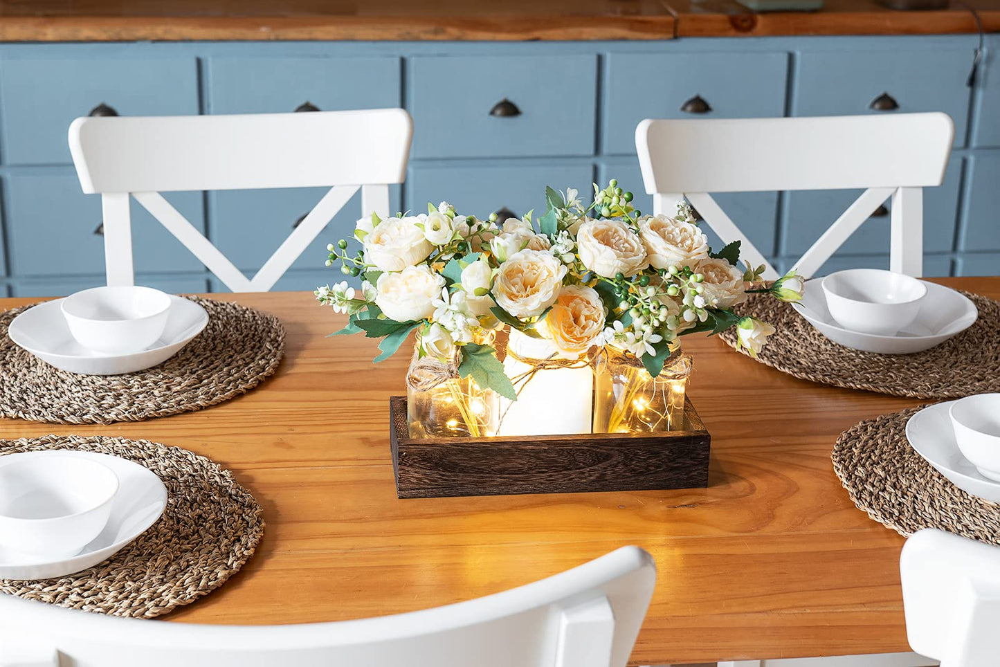 Mkono Mason Jar Lights Centerpiece Table Decor for Dining Room Farmhouse Wood Tray with 3 Jars Flowers Valentines Day Decoration for Coffee Table Kitchen Living Room Wedding