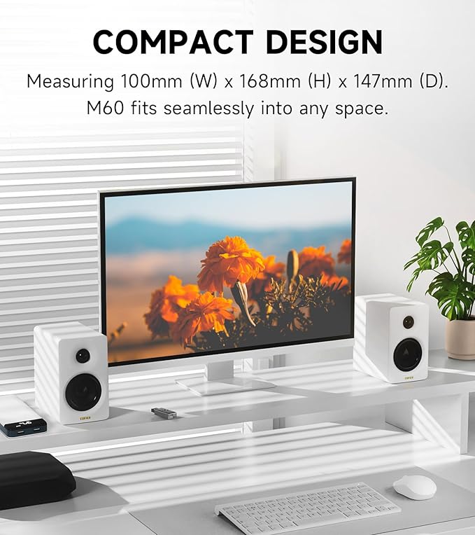 Edifier M60 Multimedia Speaker Bluetooth 5.3, 66W RMS, Hi-Res Audio & Hi-Res Wireless Audio, LDAC,3" Mid Bass & 1" Tweeter, USB-C & Aux Inputs, Compact Desktop Speaker - White