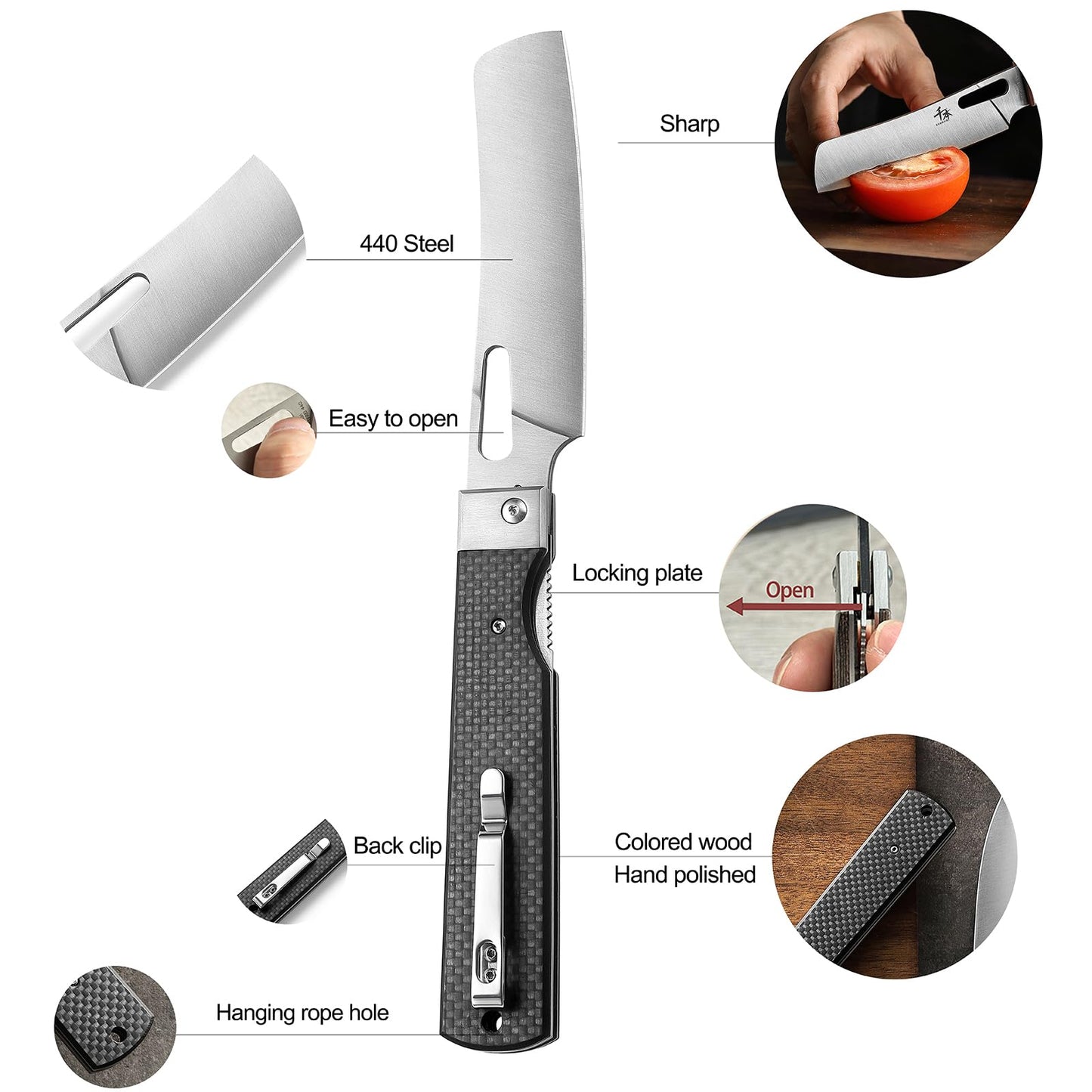 SENBON 440 stainless steel sharp set folding chef knife fruit knife carbon fiber handle camping barbecue outdoor portable kitchen knife with back clip