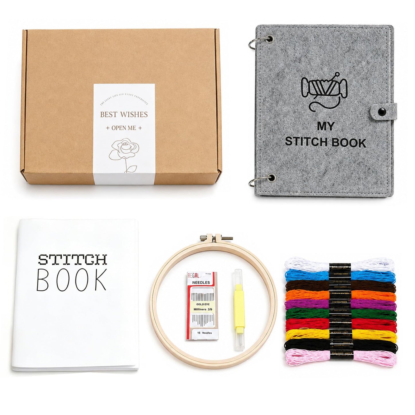 NBNQ Embroidery Stitch Book Kit for Beginners with Portable 10.65"x8.27" Loose-Leaf Cover, Includes 6 Fabric Pages, Complete Toolkit, Instructions and Videos.