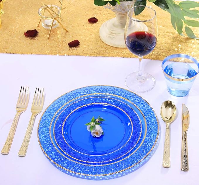 Nervure 102PCS Blue Plastic Plates - Disposable Blue Party Plates Include 51PCS 10.25inch Dinner Plate & 51PCS 7.5inch Dessert Plate for Wedding & Party & Father's Day