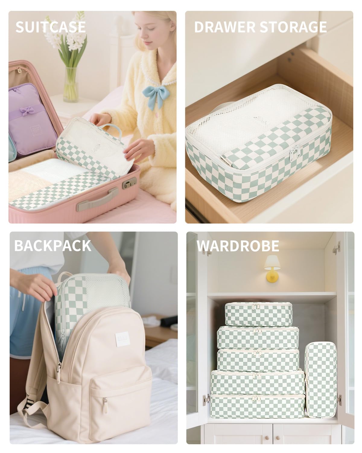 Narwey 7 Set Checkered Packing Cubes for Travel Kids Women, Durable Packing Organizer Bags for Carry on Suitcase Luggage Travel Essentials Accessories (Mint Green Checkerboard)