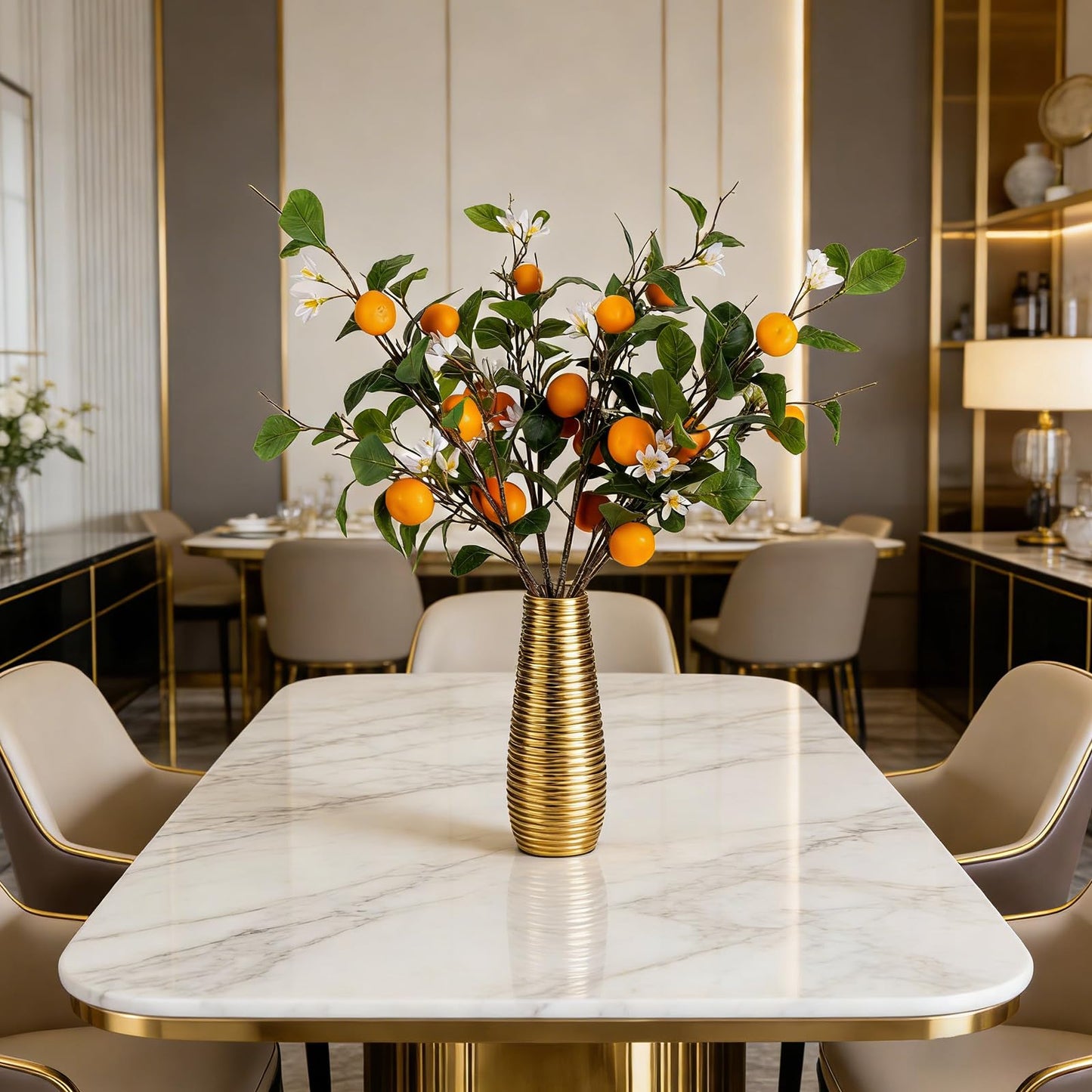 2PCS 37.8Inch Artificial Tangerine Branches Artificial Orange Branches Fake Orange Stem 10 Fruit with 20 White Flowers Long Stem for Home Party Wedding Office Thanksgiving Indoor Outdoor Decor
