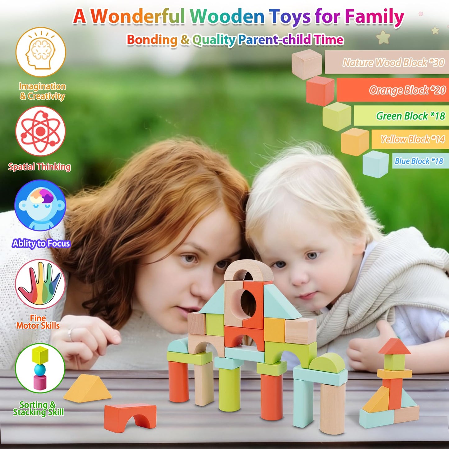 FCSONU Wooden Building Blocks for Toddlers 1-3, 100 Pcs Wood Blocks Set - Sorting & Stacking Toys with Storage and Lid, Kid Montessori Toys Ages 2+, Christmas 1st Birthday Gifts for Boys Girls Baby