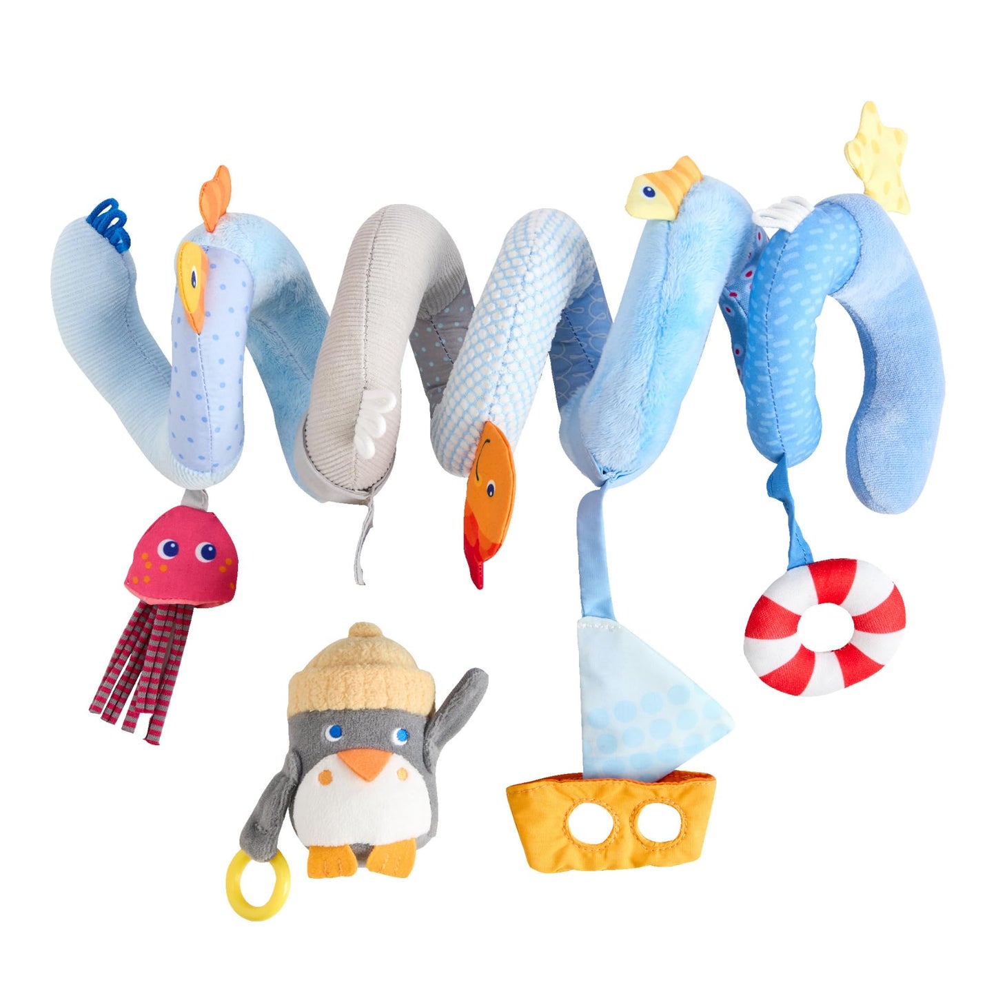 HABA Penguin Activity Spiral Car Seat Toy & Stroller Toy for Babies 0-18 Months, Soft Plush Baby Travel Gear with Crinkle, Rattle & Detachable Penguin