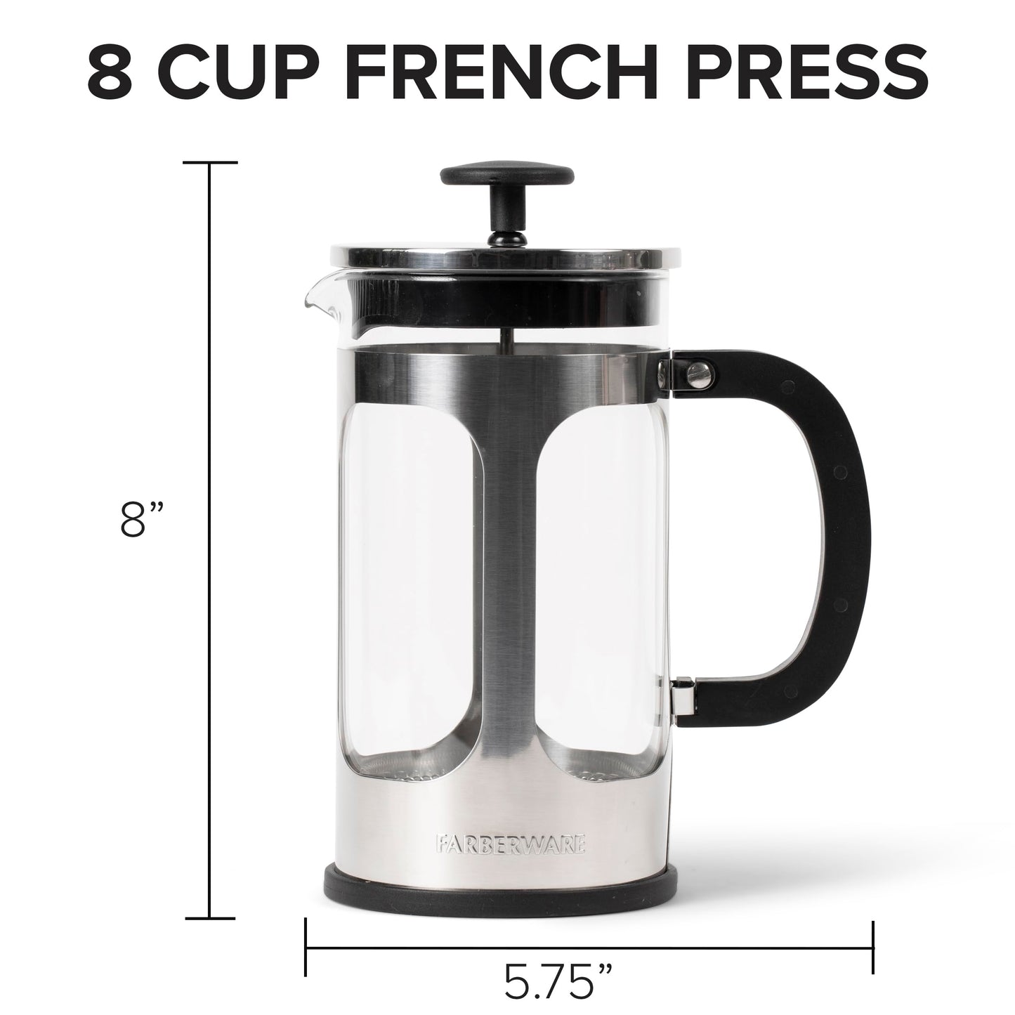 Farberware French Press Coffee Maker, Tea & Espresso Maker, Stainless Steel Cold Brew Press, Heat-Resistant Borosilicate Glass, BPA-Free, Measuring Spoon Included, 8 Cup Capacity (Stainless)