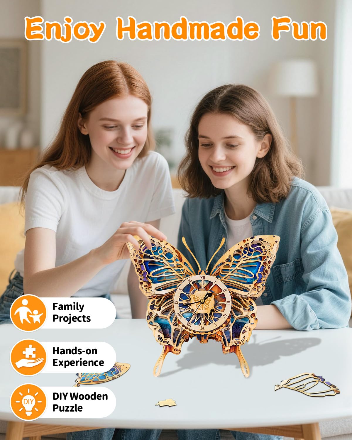 Rnfinewow 3D Puzzles for Adults, Butterfly Design Clock Kit with Pendulum, Beginner 3D Wooden Puzzles Model Kit DIY Crafts for Office Wall Decor Hobbies Birthday Christmas Idea Gift