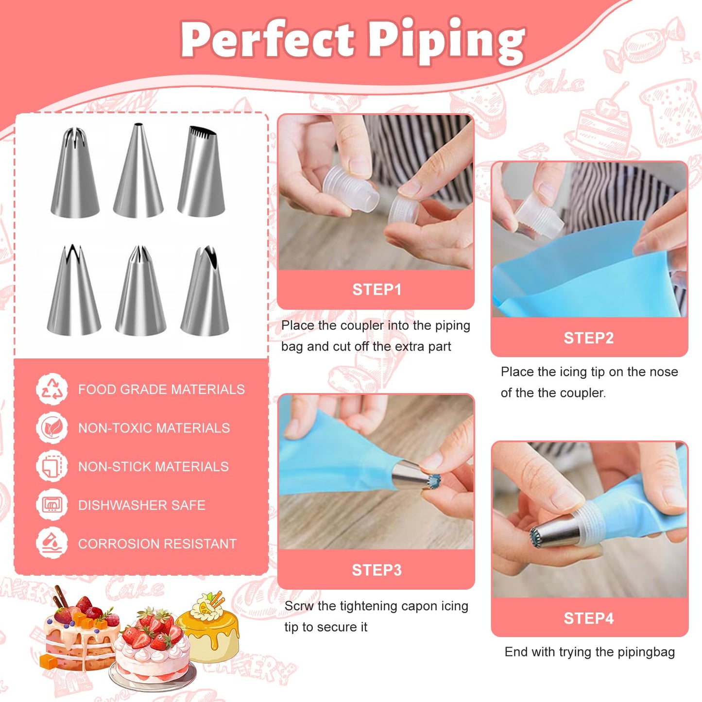 FGASIDYO 107PCS Cake Decorating Kit Includes Revolving cake turntable for decorating, Icing Bags and Tips Set, 2 Spatulas, 3 Cake Scraper, 25 Piping Bags, frosting piping kit, and 3 Coupler for Baking