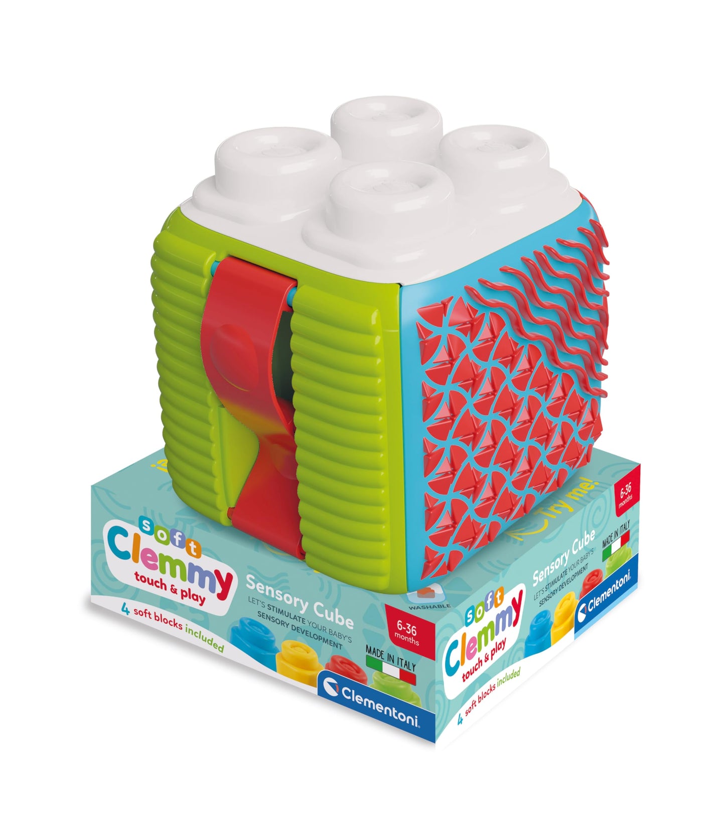Clementoni Soft Clemmy Building Blocks - Sensory Activity Cube - Sensory Cube Game Activities and Textures, Soft Builds Baby from 6 Months, Made in Italy, 17902