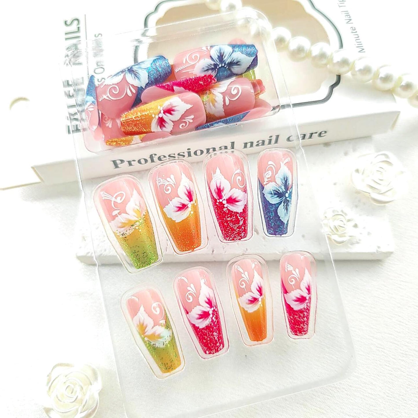 Colorful Press on Nails Coffin Medium Fake Nails with Flower Glitter Designs French Tip Nails Press ons Glossy Glue on Nails Nude False Nails Cute Acrylic Nails Spring Stick on Nails for Women 24Pcs