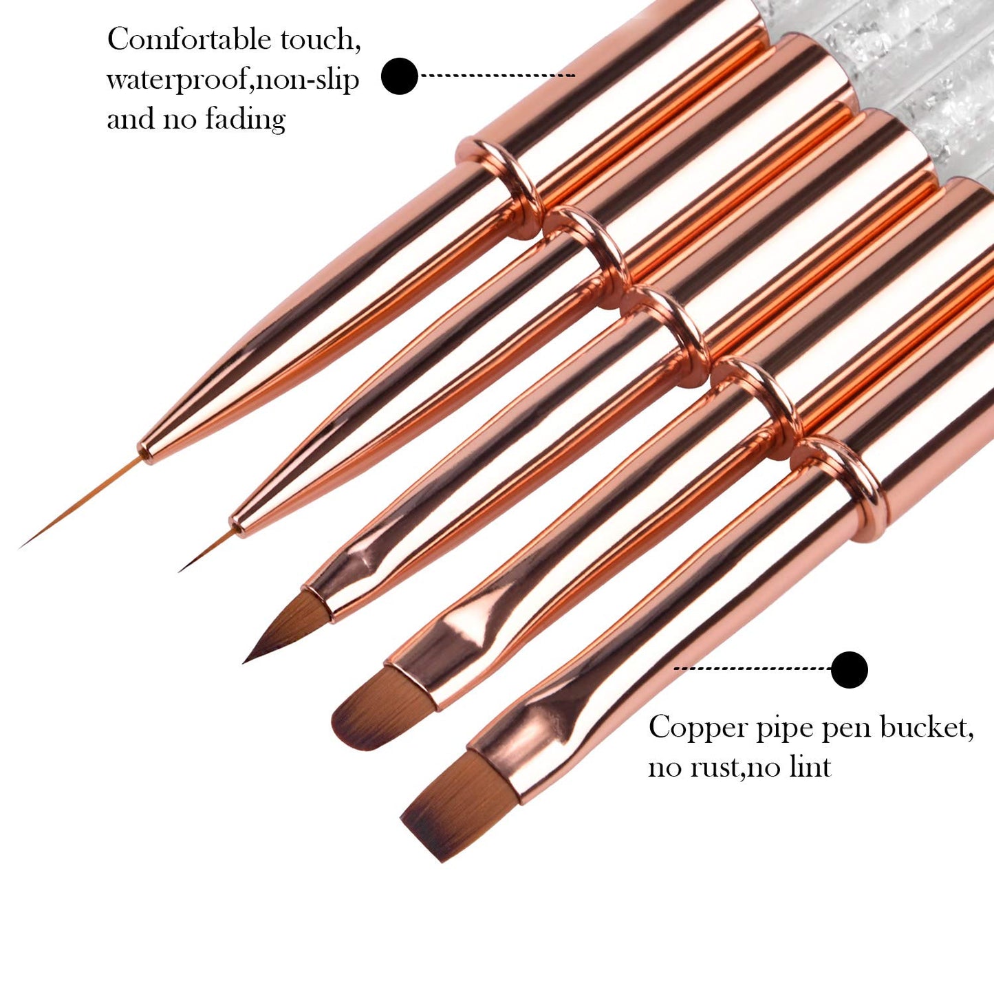 Ycyan 5pc Nail Art Brush Set - Rose Gold Rhinestone Handles with Gel Polish, Liner, Drawing Brushes for Salon & DIY Manicure